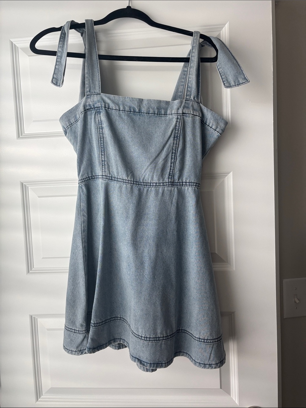 Light Blue Denim A-Line Dress with Tie Straps